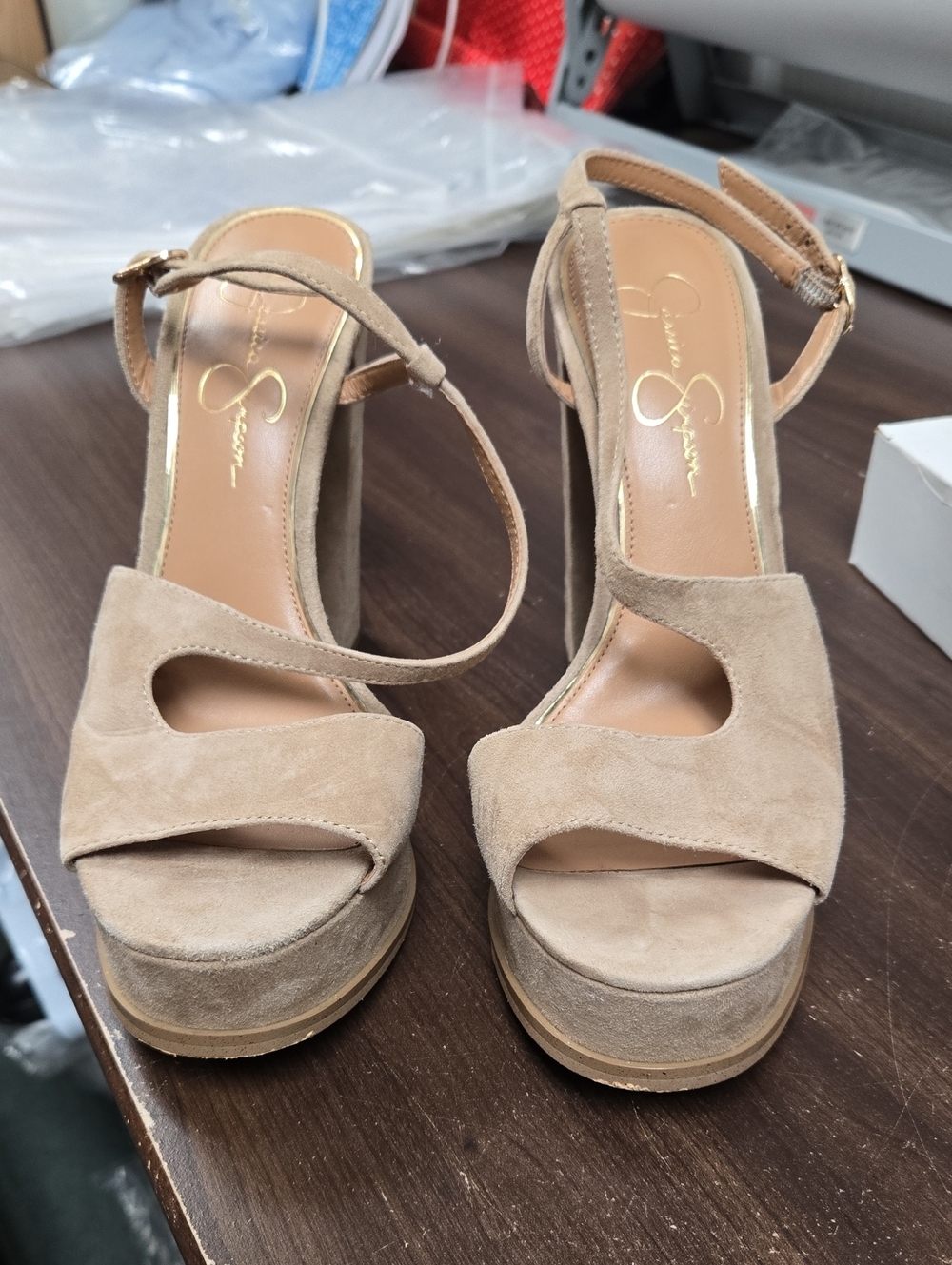 Jessica Simpson Size 9.5 Beige Suede Open Toe Platform Heels